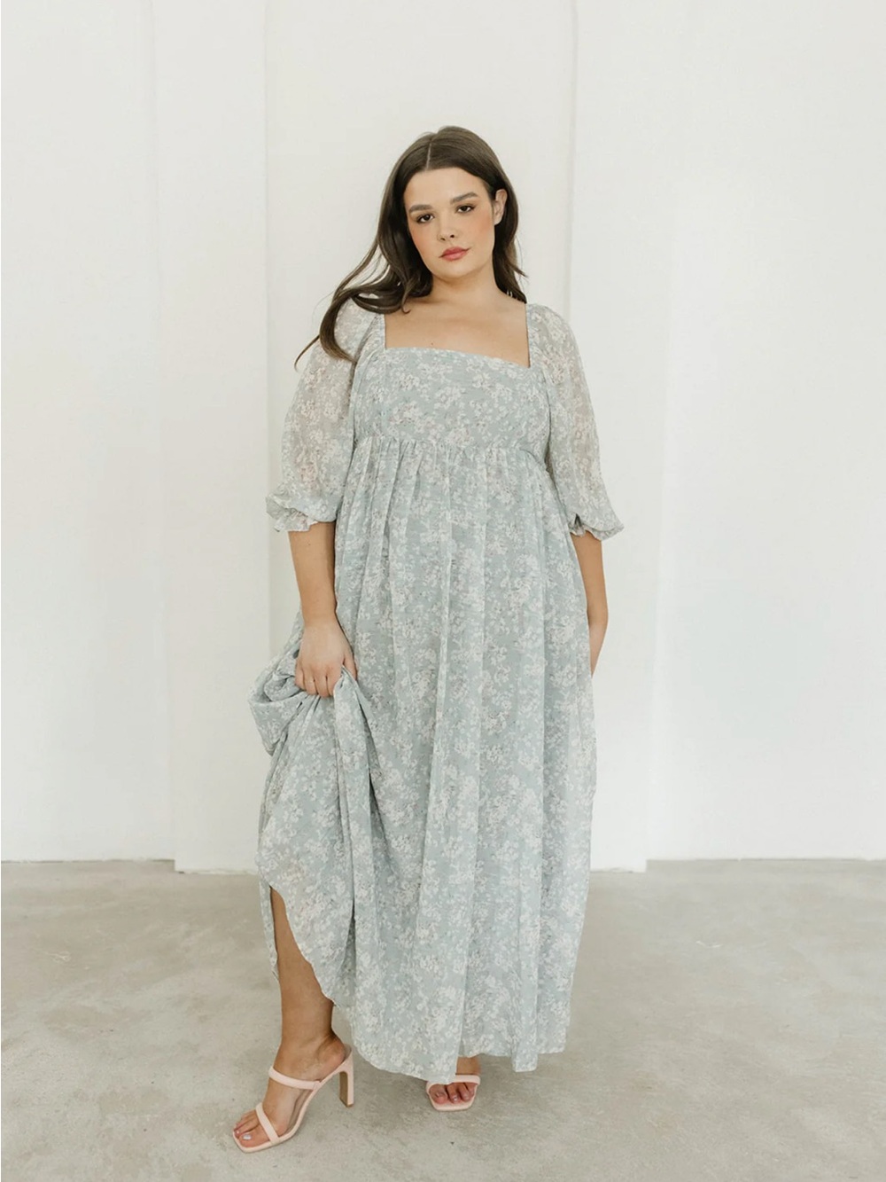Square Neck Floral Maxi Dress in Sage - Women